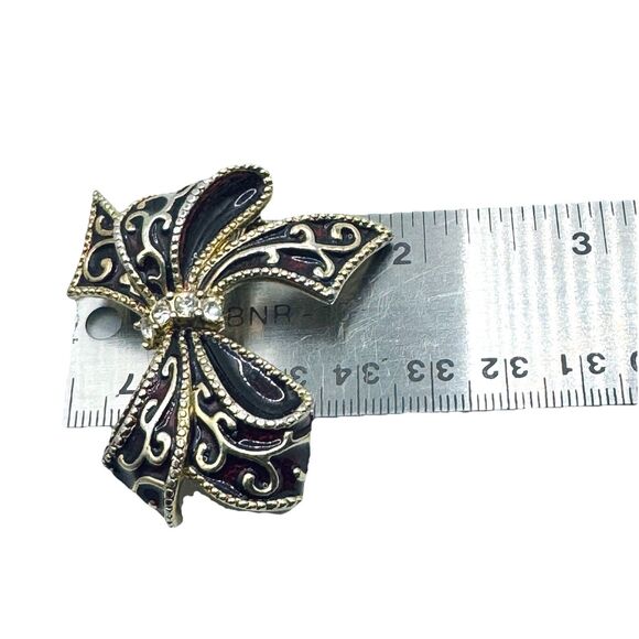Vintage Monet Figural Bow Enamel & Rhinestone Brooch Deep Burgundy Wine Red Pin - Picture 5 of 5